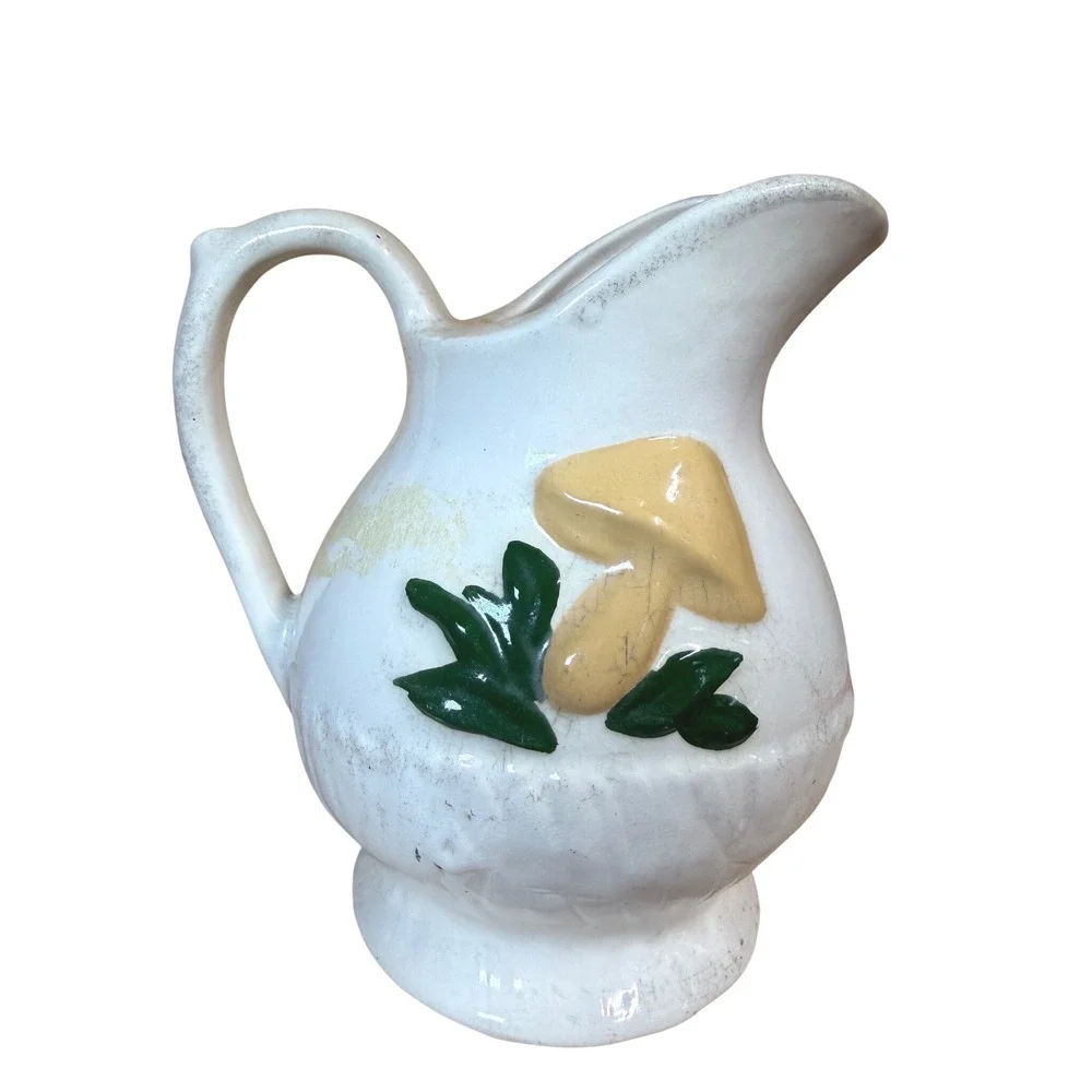 Vintage Mushroom Ceramic Pitcher‎ Yellow Relief 3D Cottagecore Retro Creamer